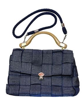 Navy Woven Shoulder Fabric Bag Italian Turn Lock Coastal Euro Classic Vintage